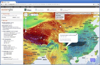 Interactive high-resolution map of Direct Normal Irradiation in China, as a part of online tool SolarGIS iMaps, visualises solar resource potential of China.